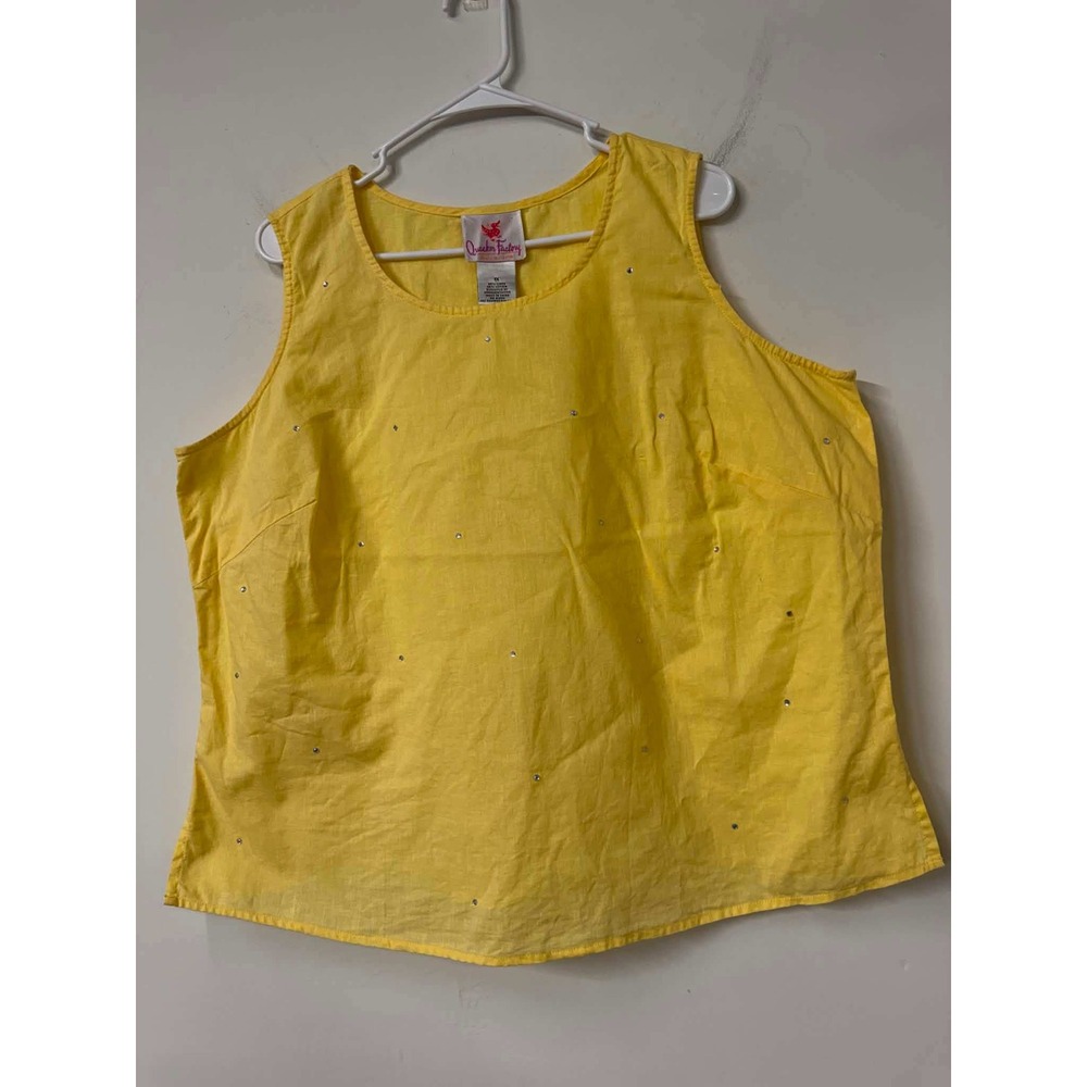 Quacker Factory Womens 1X Yellow Linen Blend Rhinestone Sleeveless Shell Top